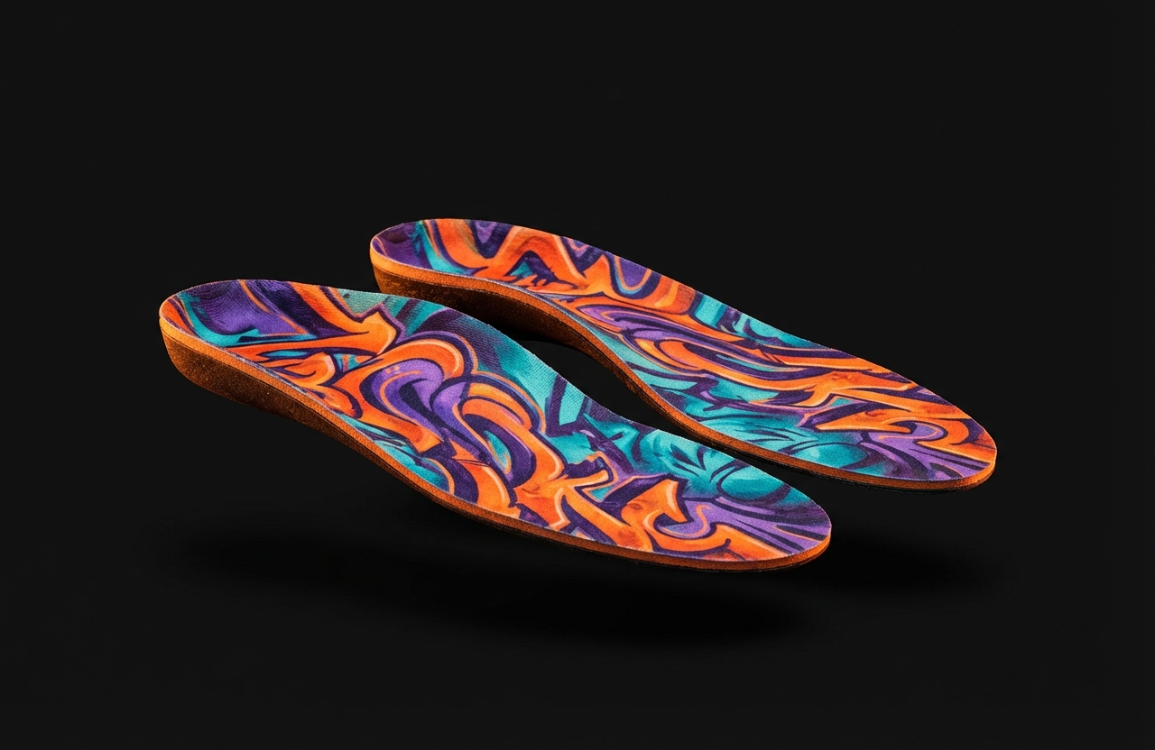 Custom ARTIN insoles with personalized graffiti design, angled premium view