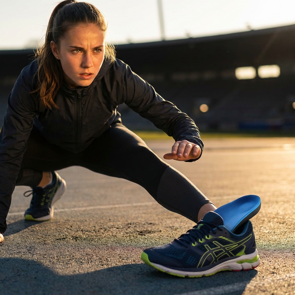 Athletic teen aged 16-18 warming up with running shoes and insole visible