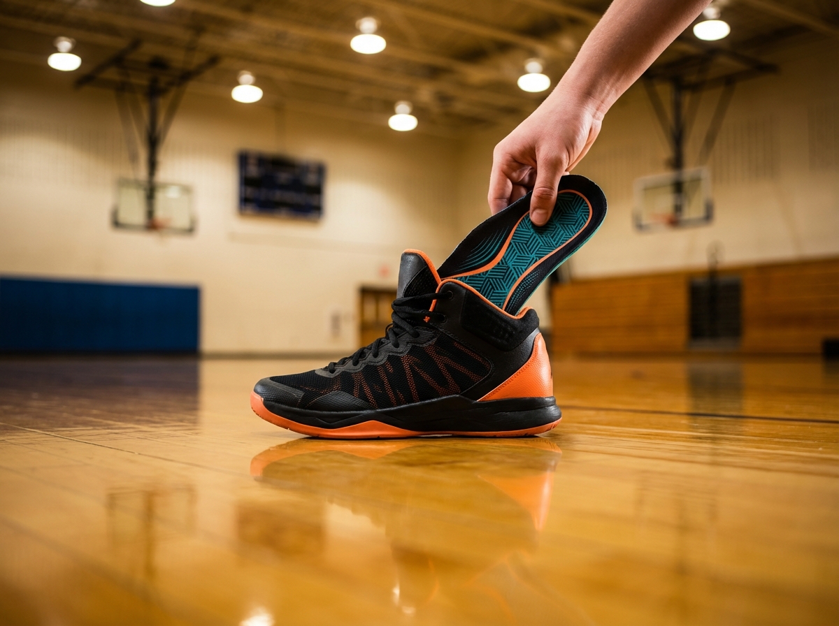 ARTIN custom insole being placed into a basketball high-top shoe on an indoor court